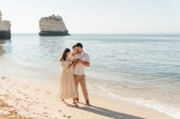 Algarve vacation photoshoot Happy family portrait on Algarve seaside